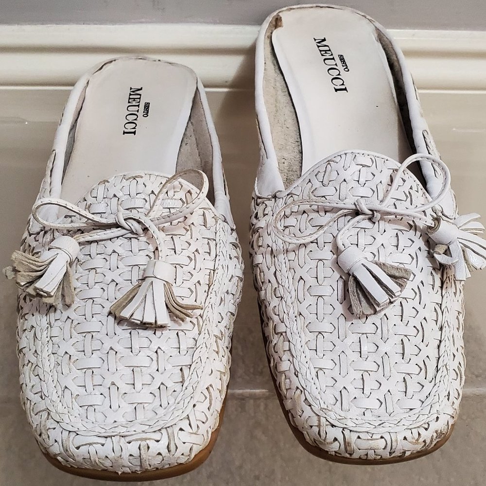 Sesto Meucci White Woven Leather Mules